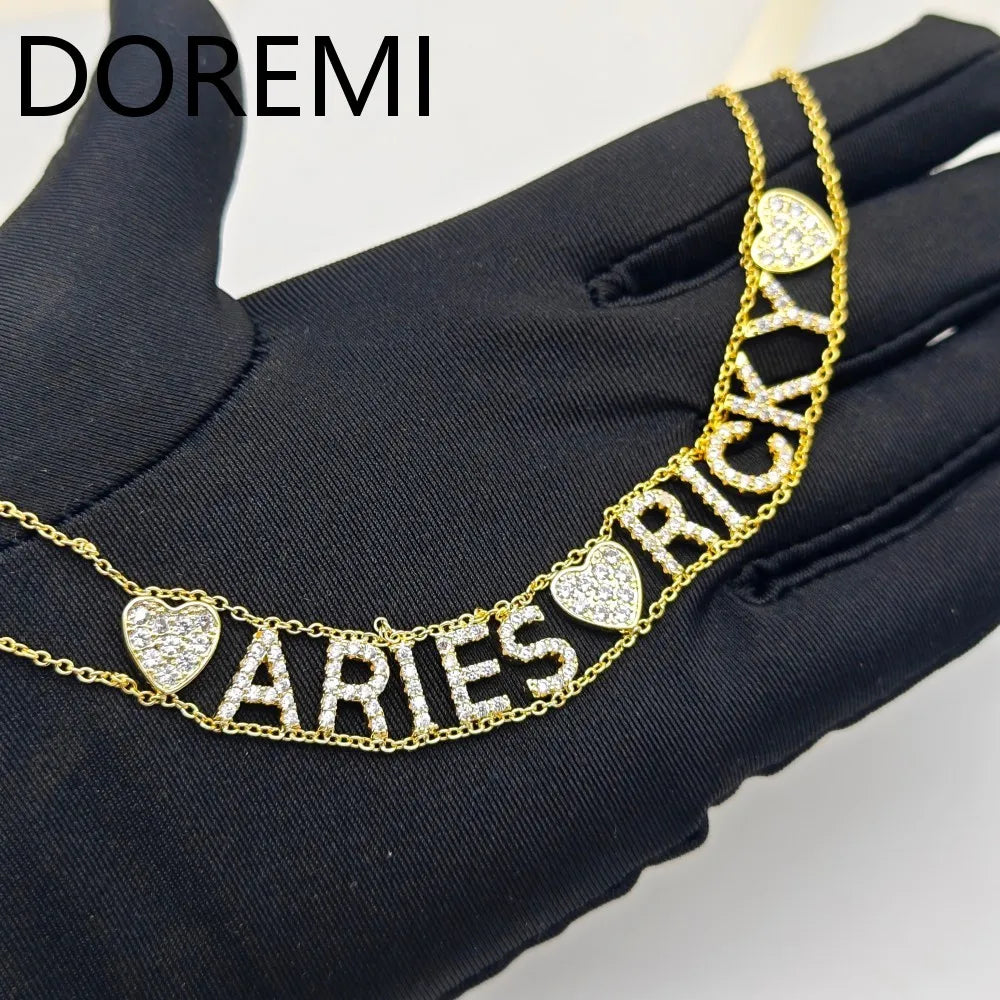 DOREMI 9mm Initial Letters Cz Name Necklace Double Chains Wome Letters Bracelet Gift Custom Jewelry Choker Necklace