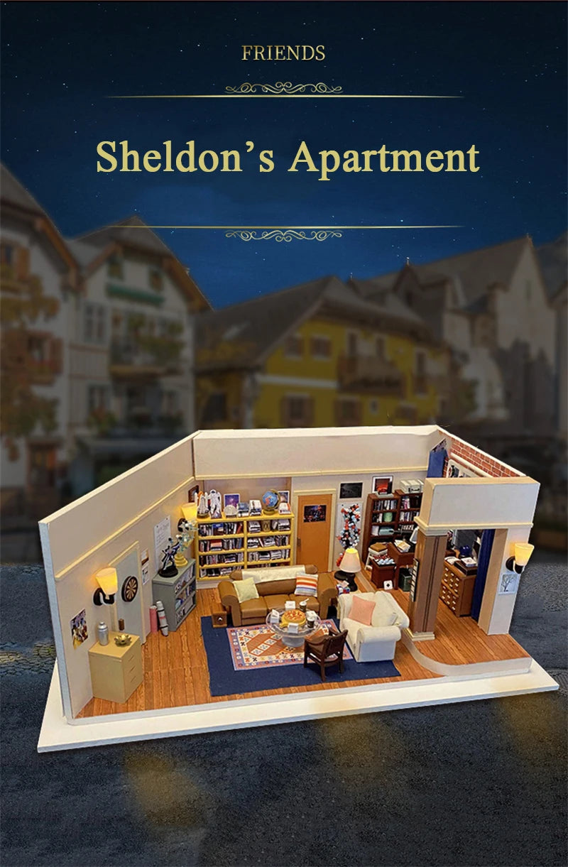 DIY Wooden Joey‘s Apartment Casa Miniature Building Kits Bookend With Lights Assembled Bookshelf Home Decoration Friends Gifts