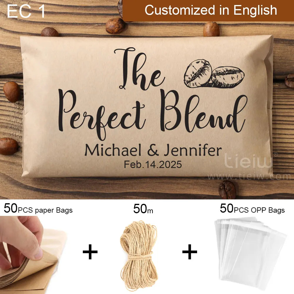 50PCS Bridal Shower Coffee Favor Bag Personalized Wedding Favor For Guest in Bulk Custom Kraft Paper Gift The Perfect Blend