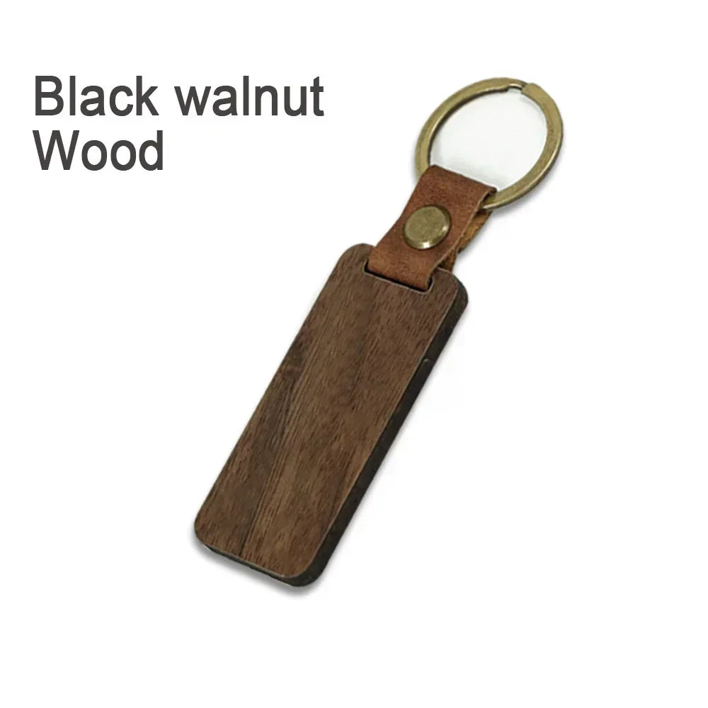 Customized PU Leather Wooden Keychain Blank DIY Wood Keyring Square Engraved Car Key Chains Retro for Friends Lovers Family Gift Valentines Gift