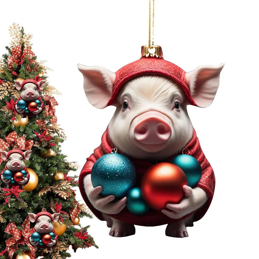 2D Acrylic Funny Pig Pendant With Lanyard Cute Cartoon Christmas Ornaments For Trees Doors Party Supplies Home Decoration