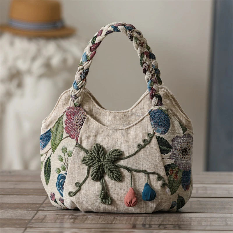 Original Ethnic Style Handbag Canvas Embroidered Women's Bag Handheld Woven Small Bag Embroidery Handbags for Women 2024