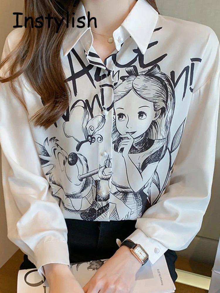 Casual Long Sleeve Cartoon Print Shirt Elegant Chiffon Blouse Women Vintage Harajuku Loose Tops Korean Chic Women Clothing Tunic