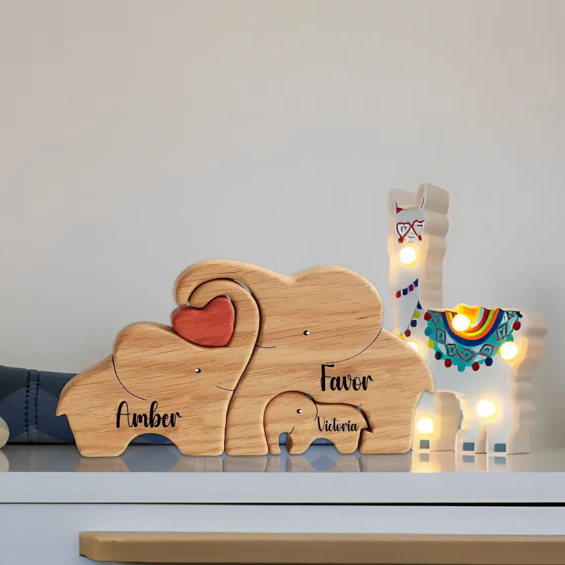 Personalized Elephant Family Wooden Puzzle Love Animal Wood Puzzle Custom Family Name Sculpture Free Engraving Decor Gifts Valentines Gift