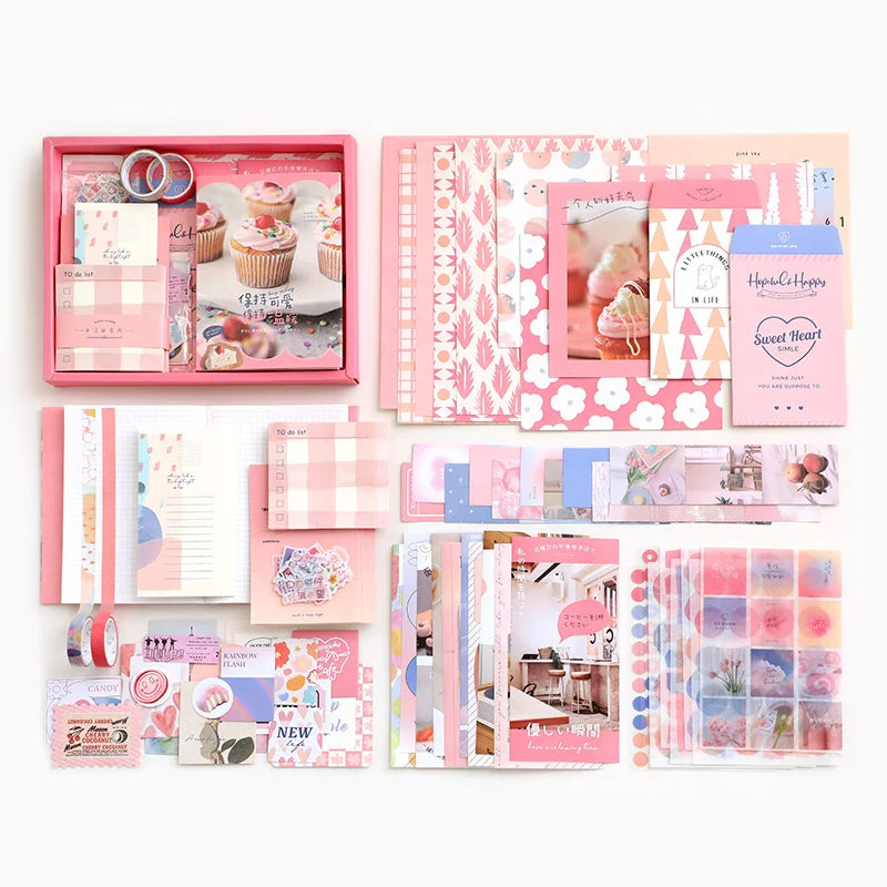 Yoofun 155pcs/box Scrapbooking Collage Junk Journal Decoration Gift Box Includes Tape Sticker Mateiral Paper Card Memo Bag