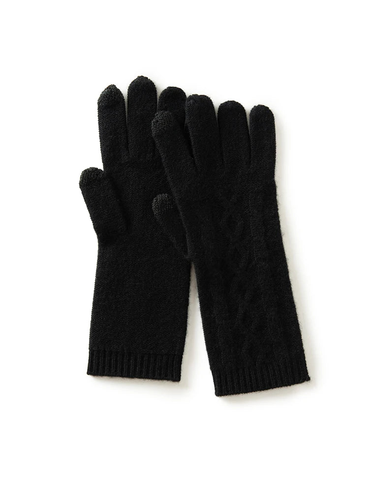 100% Real Cashmere Knitted Gloves Touchscreen Finger Women Autumn Winter Thick Cable Warm Wrist Length Classic Female Mitten