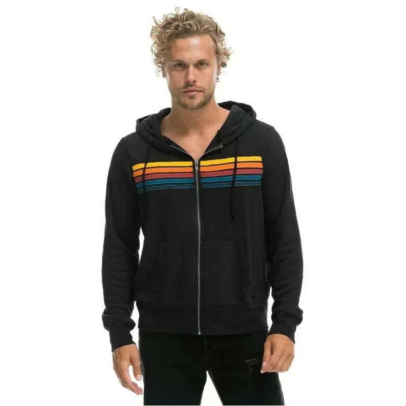 Autumn Unisex Women's Aviator Nation Long Sleeve Hooded Sweatshirts Casual Zipper 5 Stripe Rainbow Hoodies Jacket Coat