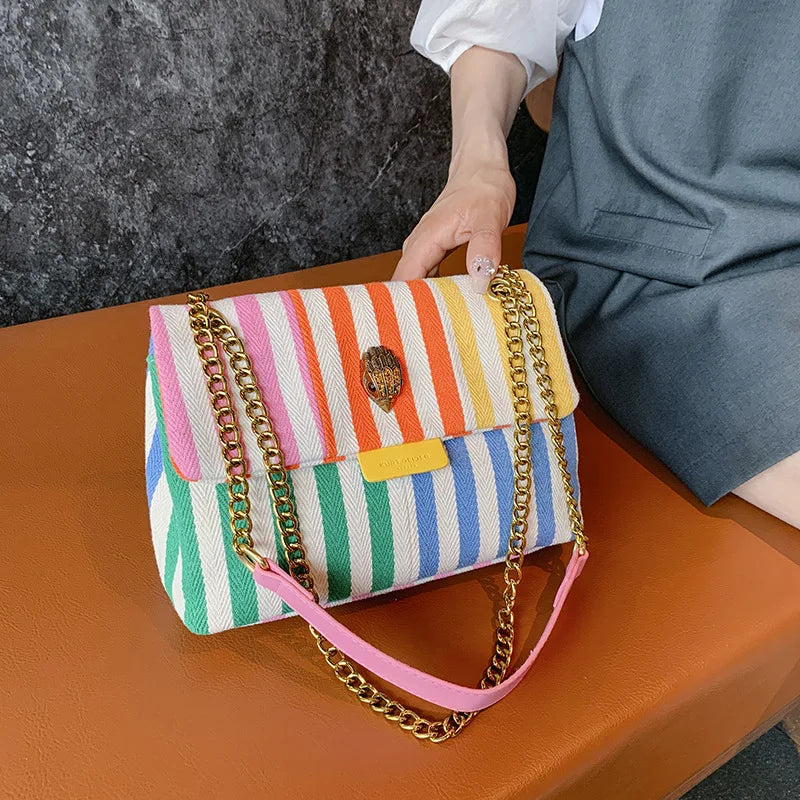 Summer Fashion Beach Bag Colorful Stripe Canvas Bag Handheld Tote Bag Women's Leisure Vacation One Shoulder Crossbody Bag-ll