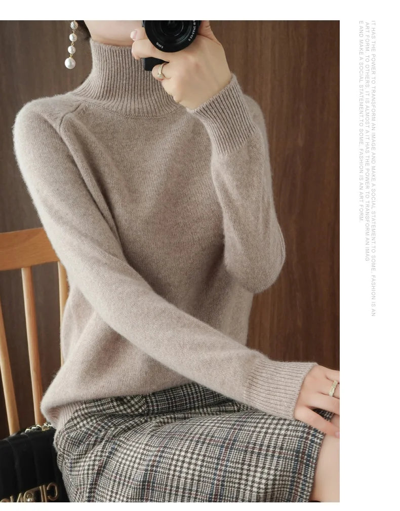 Fashion Basic Autumn Winter  Merino Wool Sweater Mock Neck Cashmere Pullover  Solid Color Soft Long Sleeve Clothing Tops