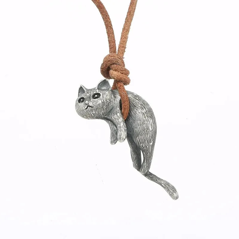 Vintage Creative Cat Pendant Necklace Men and Women Punk Adjustable Leather Strap Necklace Personalized Jewelry Accessories