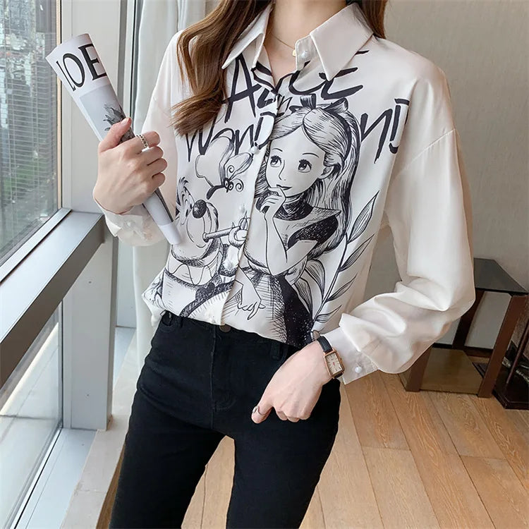 Casual Long Sleeve Cartoon Print Shirt Elegant Chiffon Blouse Women Vintage Harajuku Loose Tops Korean Chic Women Clothing Tunic