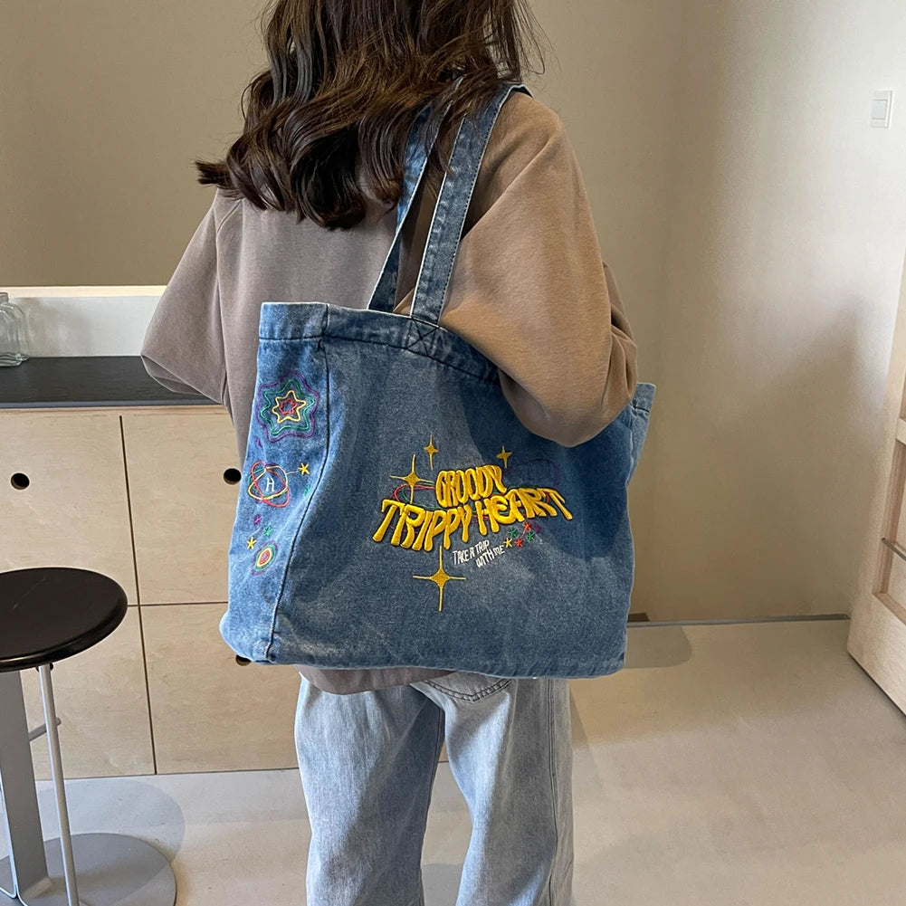 Denim Shoulder Bag Canvas Embroidered Letters Handbag Casual Travel Shopper Retro Hobo Bag Large Capacity Shoulder Underarm Bag Valentines Gift