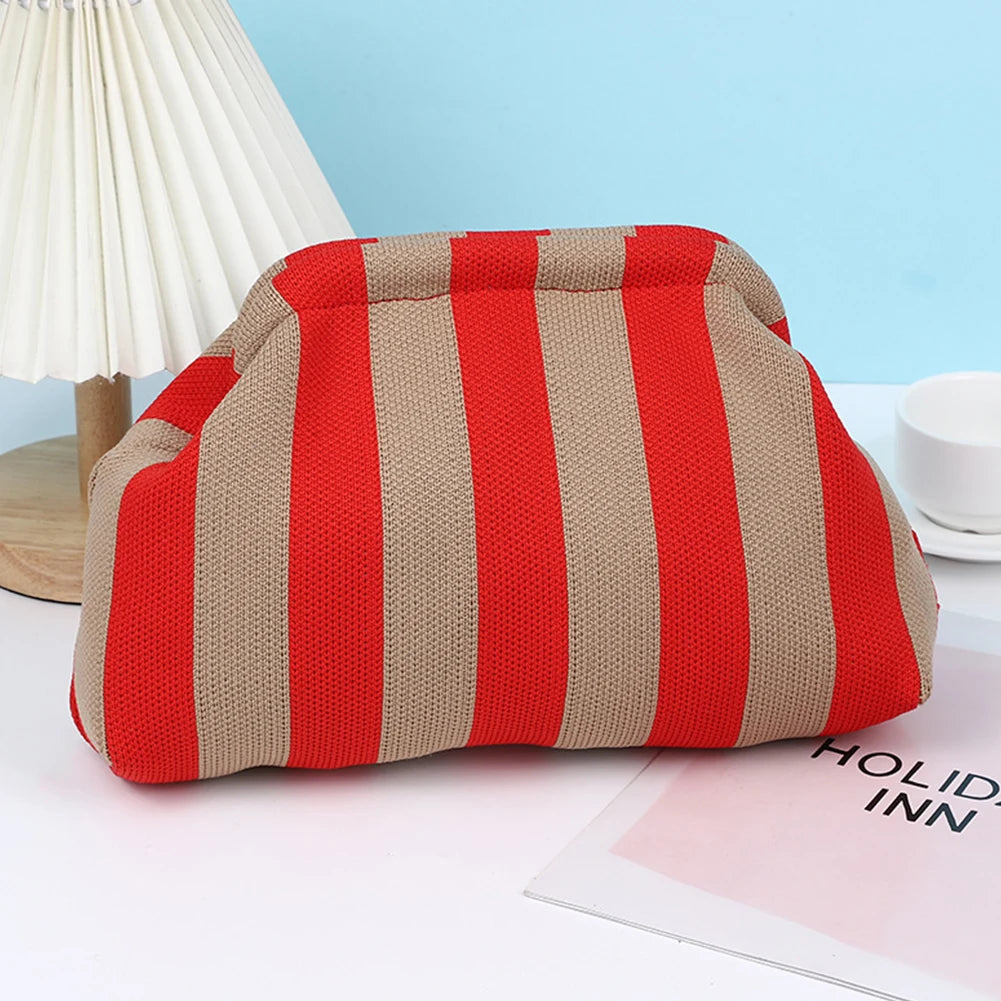 Women Small Crochet Handbag Contrast Color Knitting Dumpling Clutch Casual Colorblock Bag Summer Beach Bag Leisure Shopping Bag