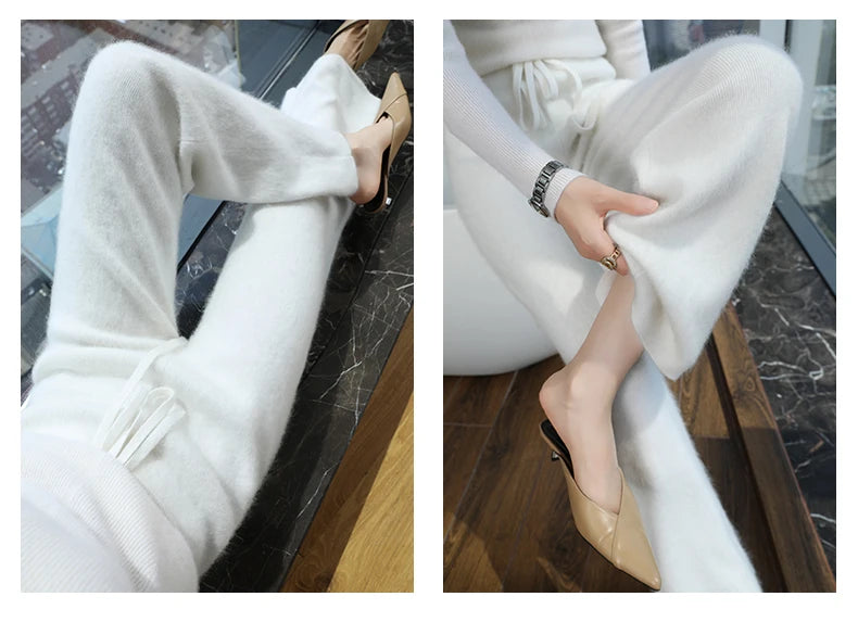 2024 Autumn/Winter New Mink Cashmere Wide Leg Pants for Women, Thickened, Warm, Loose, High Waist Strap up Vertical Casual Pants