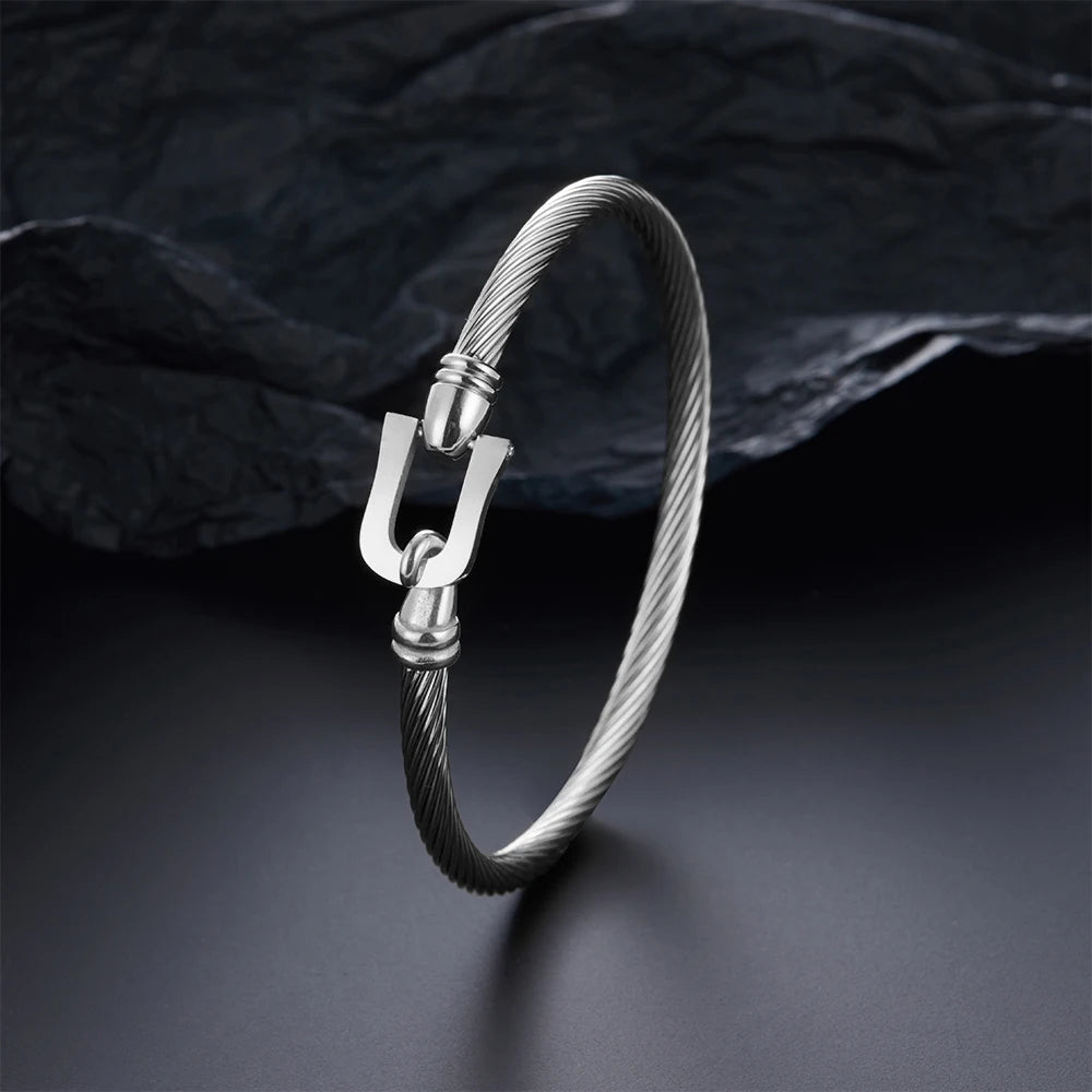 Horseshoe stainless steel bracelet, twisted wire design, classic punk style jewelry