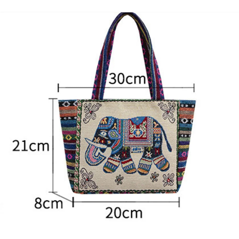 Women Embroidered Tote Bag Retro Owl Elephant Printed Handbags Ladies Large Capacity Reusable Shopping Bag Female Shoulder Bag