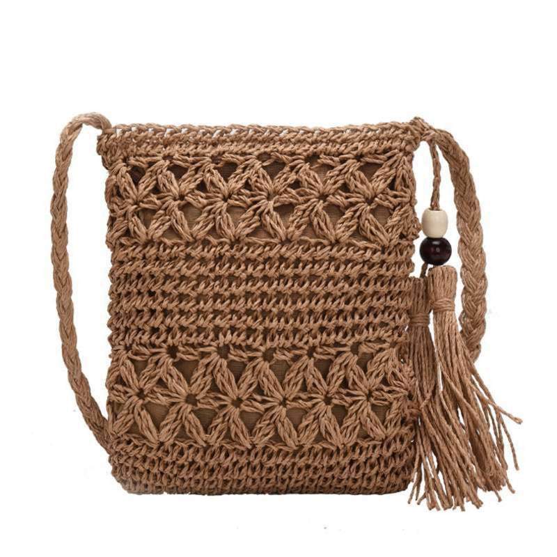 Women Beach Woven Straw Shoulder Messenger Bag with Tassel Boho Hollow Out Crochet Crossbody Handbag Macrame Purse