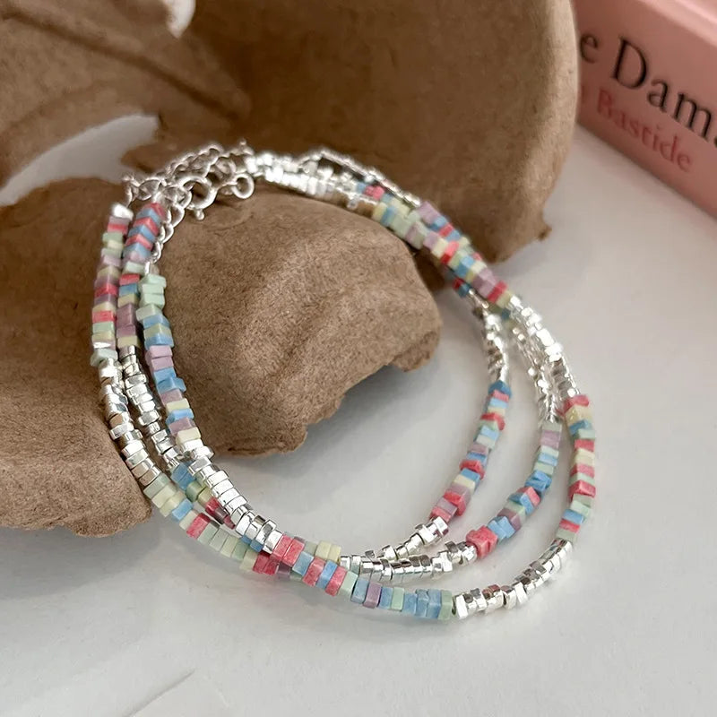 925 Sterling Silver Bracelet Colorful Beads Squares Asymmetric Geometric For Woman Girl Fashion Jewelry Gift Dropship Wholesale