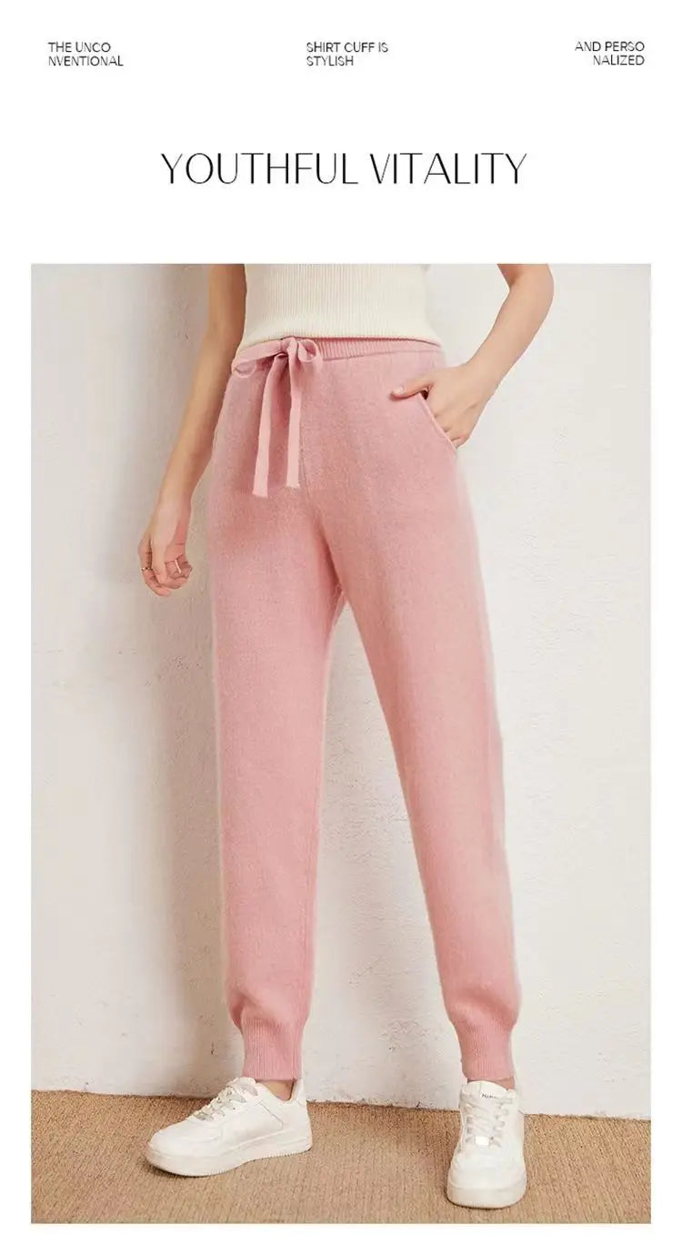 Women's 100% Wool Knitted Trousers, Casual Sports Sweatpants, Korean Version, Small Leg Pants, Female Cashmere Fashion Pants