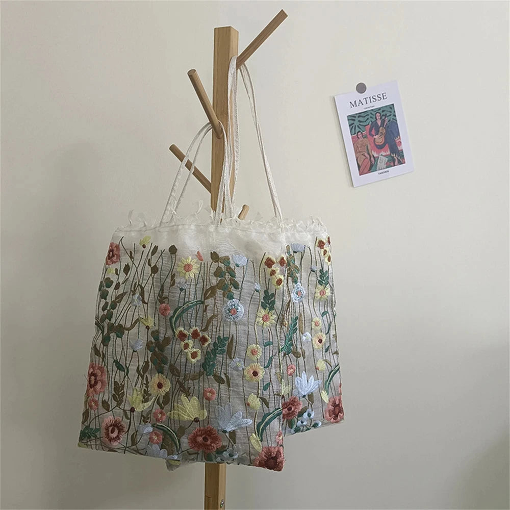 1Pc Fashion Tote Summer New Style Mesh Full Embroidery Flowers Clear Shoulder Bag Romantic Handbag Women's Eco Shopping Bag