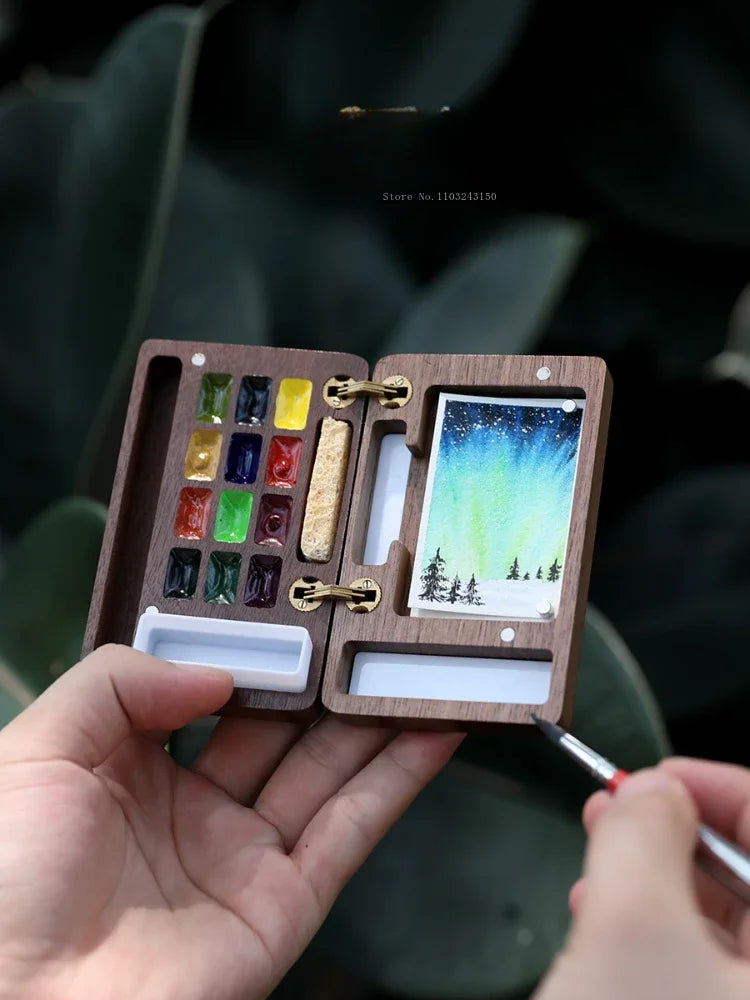 Wooden Portable Watercolor Pigment Subpackage Empty Box Art Student Handbook Sketching Travel Painting Palette Art Supplies