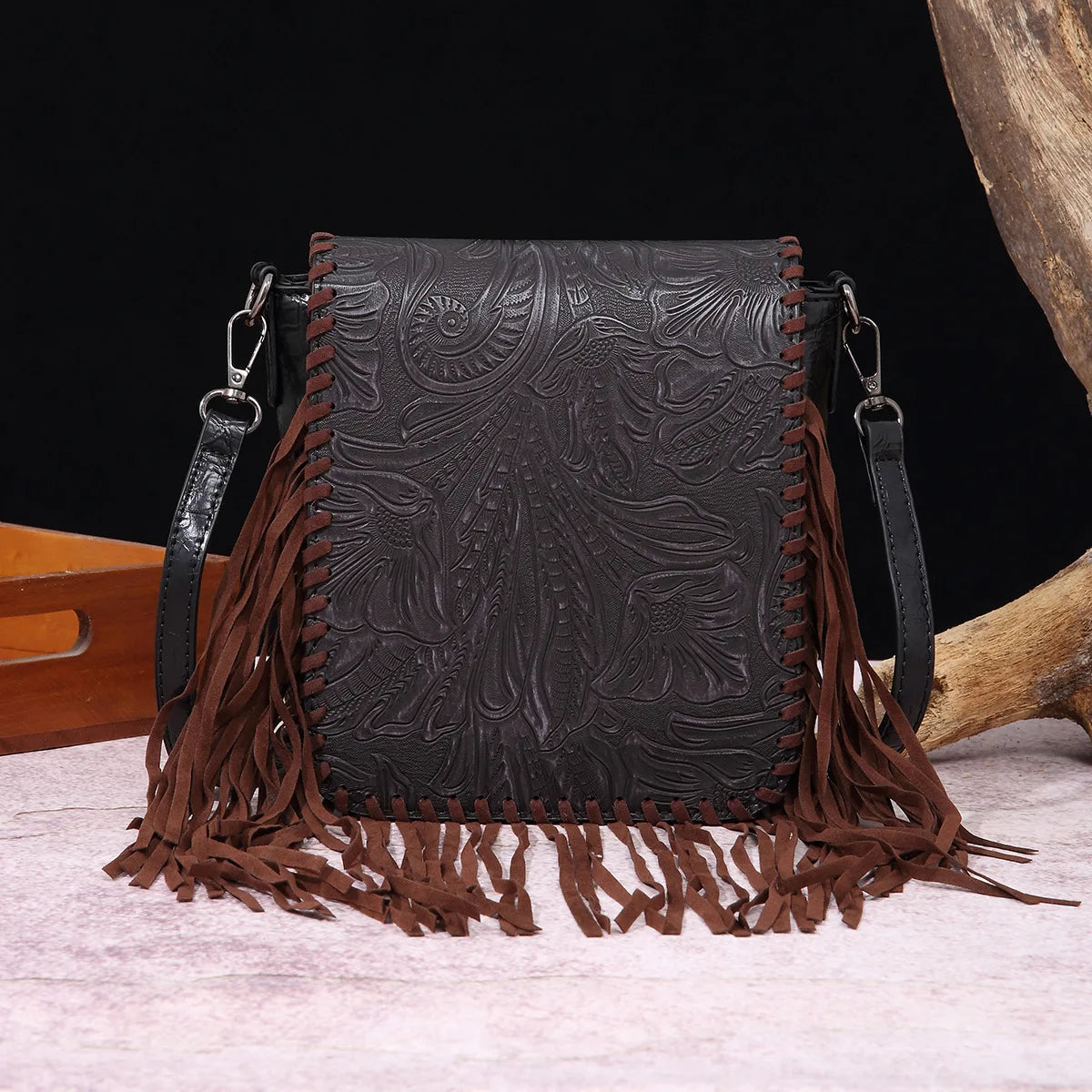 Small Vegan Leather Cowhide Women's Crossbody Handbag with Tassel Wrangler West Fringe Purse for Women Shoulder Bag Tooled Aztec