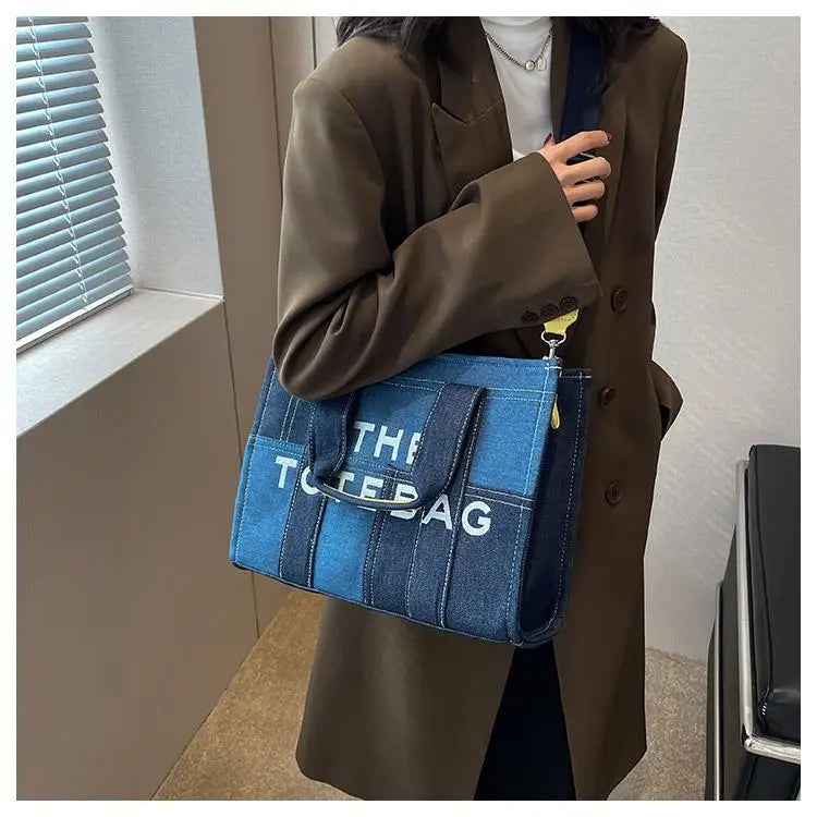 High-capacity Letter Print Underarm Bag Women Y2k New Trendy Fashion Shoulder Handbags Contrast Color Patchwork Denim Tote Bags