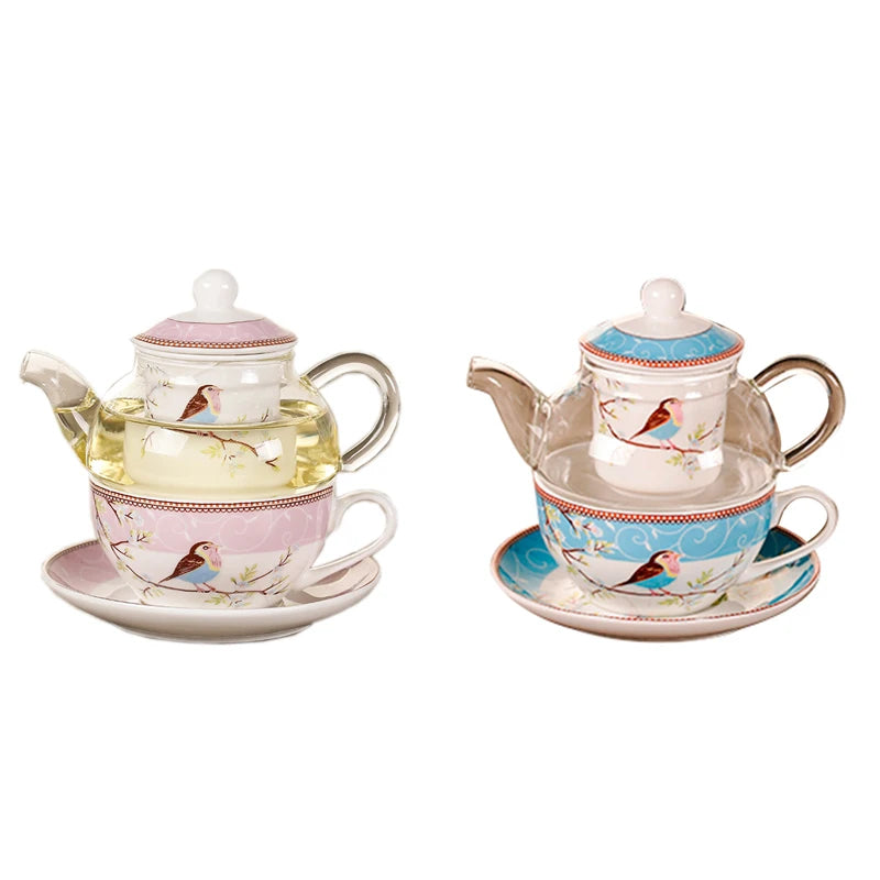 Ceramic Flower Teapot Flower Bird Cup Saucer Heat-Resistant Glass Pot Set Coffee Cup Afternoon Tea Tea Set