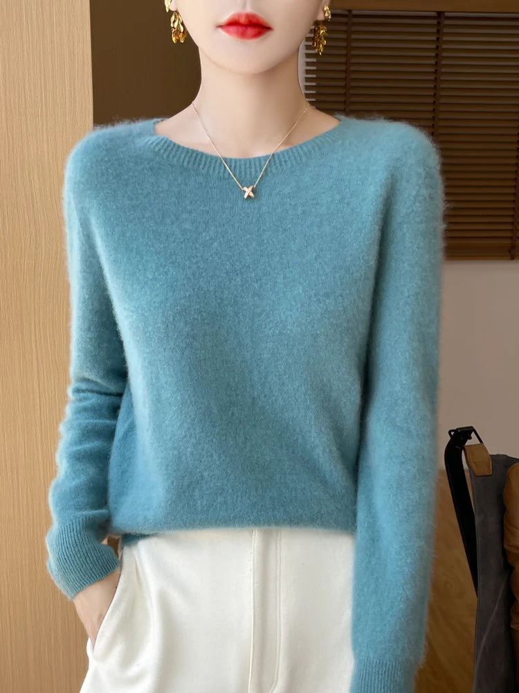 Autumn Winter Women Clothing O-Neck Pullover 100% Merino Wool Sweater New Fashion Cashmere Tops Bottoming Long Sleeve Knitwear