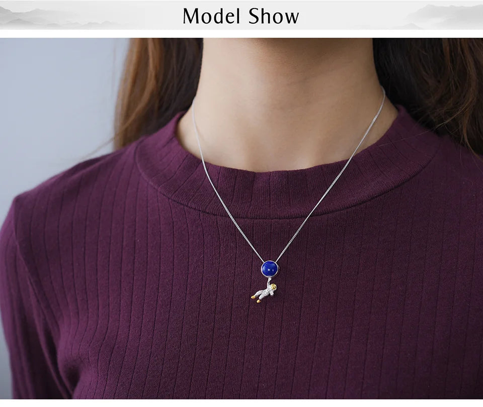 Lotus Fun Natural Lapis Lazuli Stone Space Odyssey Pendant Real 925 Sterling Silver Chains and Necklaces for Women Men's Jewelry