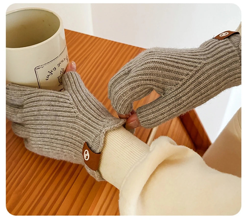 Women's Solid Color Knitted Warm Gloves Winter Half Finger Touch Screen Mittens Outdoor Cycling Stretch Gloves for Adult Couples