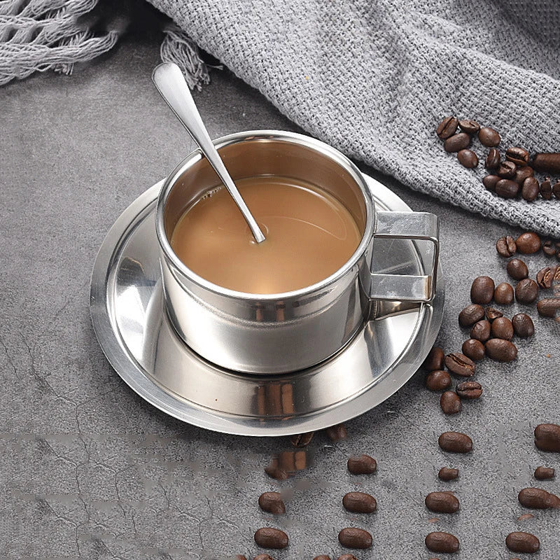 Stainless Steel Coffee Cups Creative Set 304 Stainless Steel European Style Double Layer Coffee Cup Creative Set Mug for Office