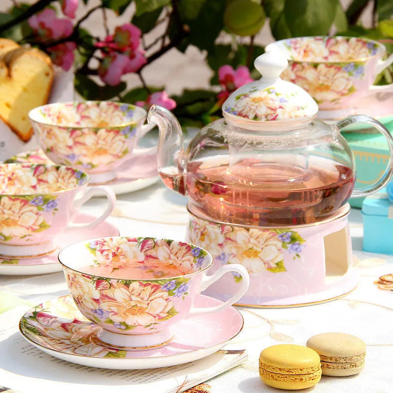 Europe Noble High-grade porcelain Tea Cup and Saucer Spoon English British Teaware Set Glass Teapot Tea Warmer set  Home Drinks