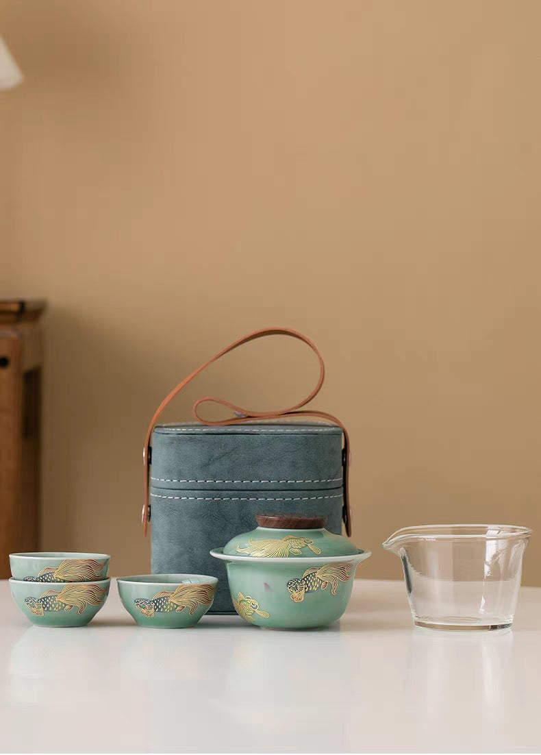 Chinese Style Travel Tea Set, Celadon Cover Bowl Small Set, One Pot, Three Cups, Fast Customer Cup, Portable Kung Fu Tea Maker