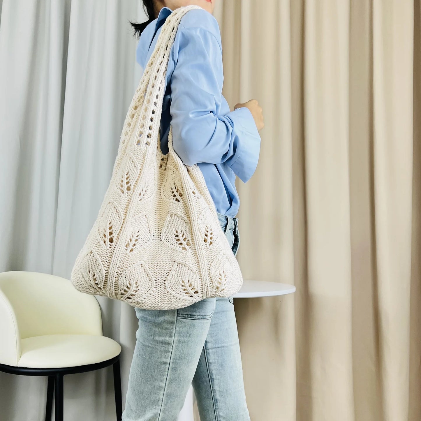 Knitted Handbags Beach Bags Lightweight Students Shoulder Casual Tote Female Style Shopping Woven Bags For Women Girls