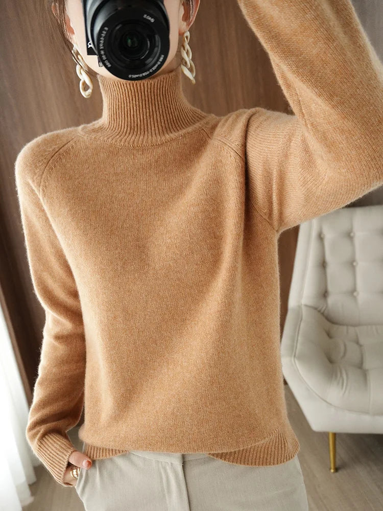 Fashion Basic Autumn Winter  Merino Wool Sweater Mock Neck Cashmere Pullover  Solid Color Soft Long Sleeve Clothing Tops