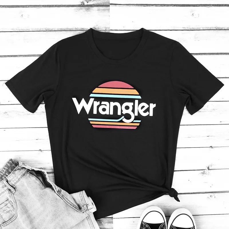 Wrangler Letter Print T-shirt Women Summer T shirts Black Harajuku Mujer Camisetas O-Neck Oversized Casual Femme T-shirts