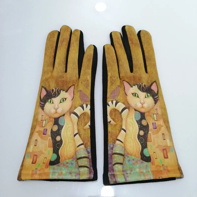 Visual Axles Digital Print Cute Cat Gloves Women Touch Screen Cycling Driving Mittens Ladies Winter Warm Fleece Ski Glove GL0035