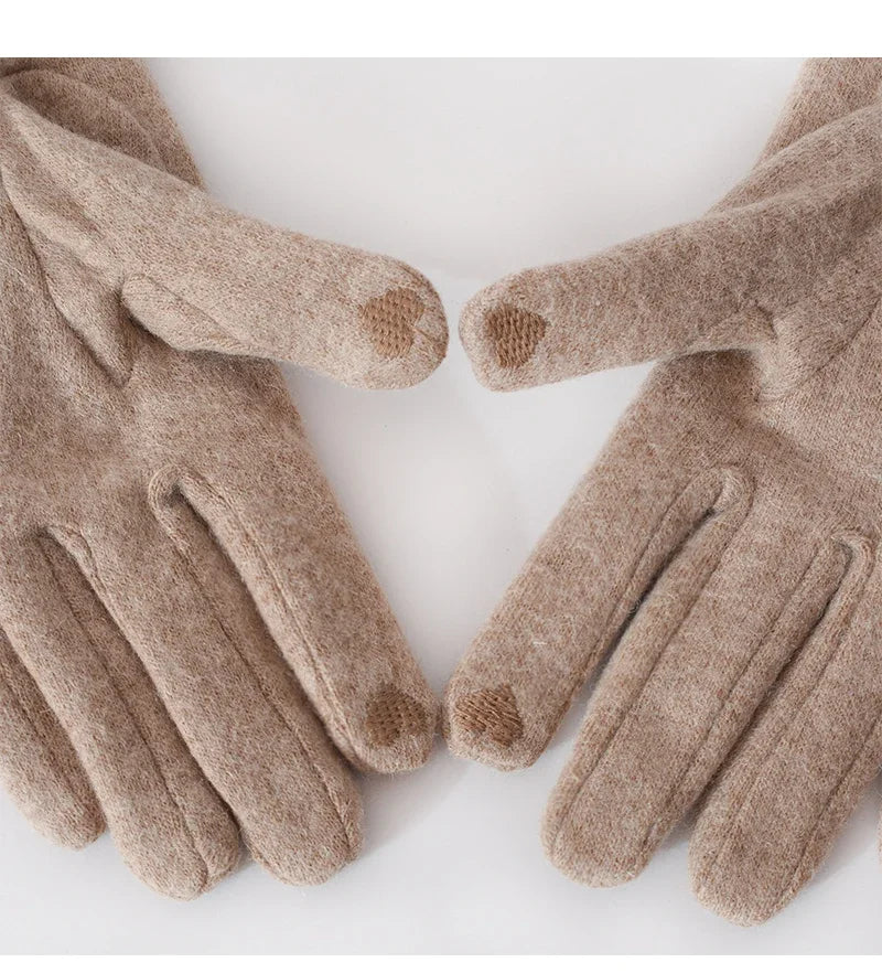 Women's Winter Cashmere Touch Screen Warm Gloves Outdoor Riding Plus Velvet Thicken Wool Bow Full Finger Driving Mittens S29