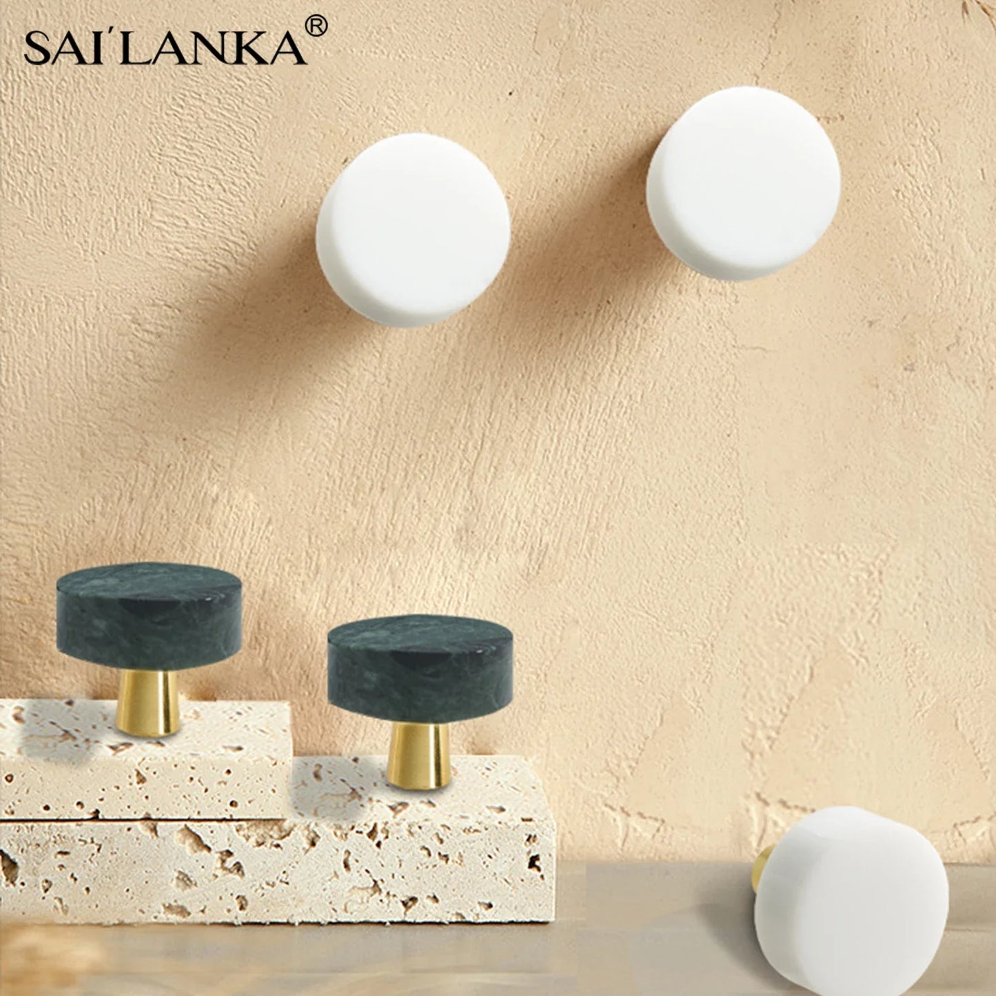 SAILANKA Brass Furniture Handles Marble Nordic Cabinet Handle Kitchen Bedroom Round Drawer Knobs Natural Stone Knob Hardware