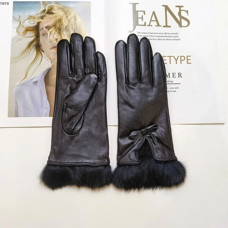 Women's sheepskin bow gloves with warm velvet lining and genuine leather driving gloves