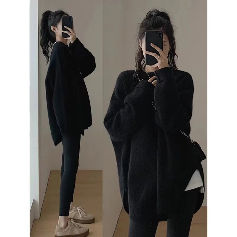 Korean women's mid to long pure wool pullover knitted sweater autumn winter 2024, fashionable and loose large size cashmere tops