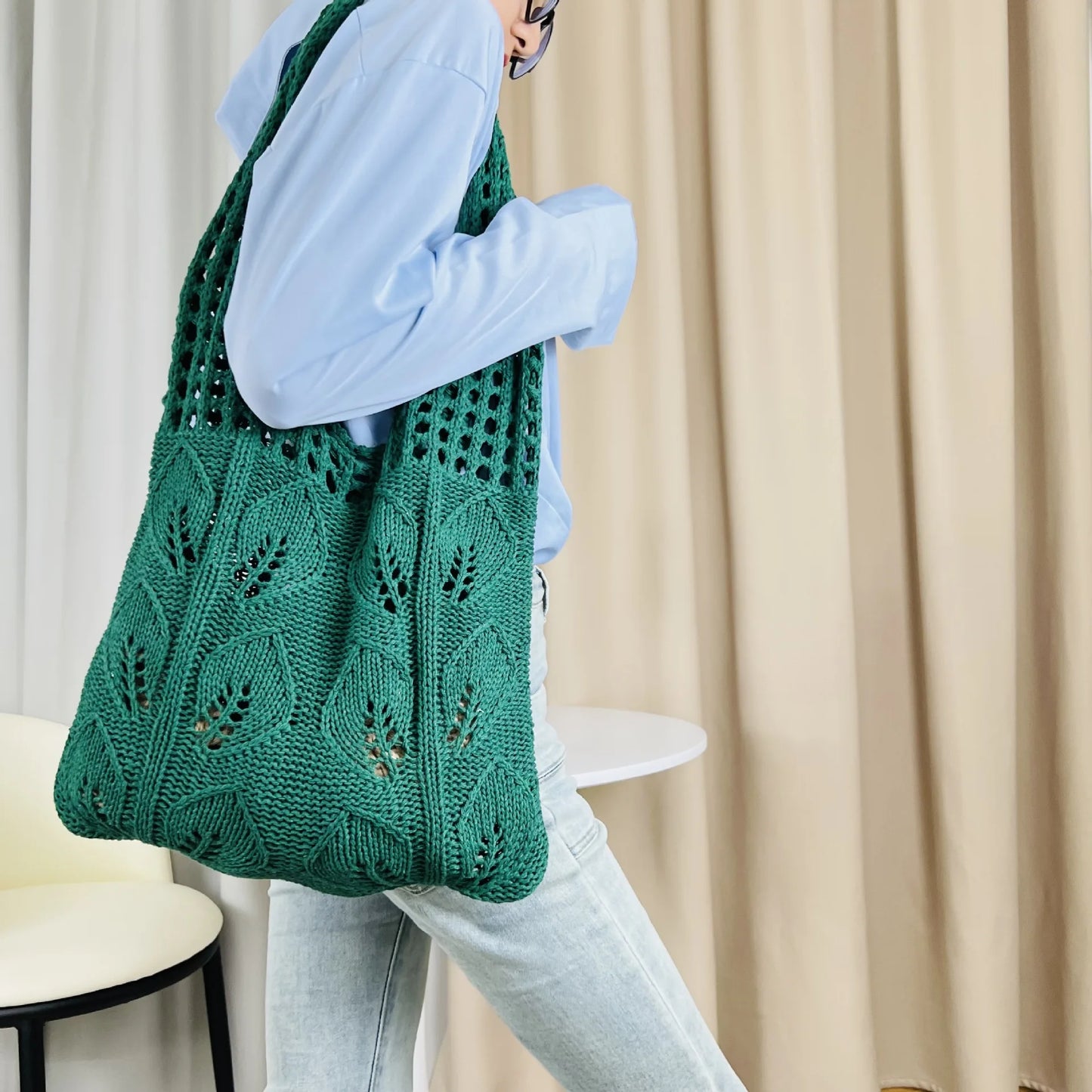 Knitted Handbags Beach Bags Lightweight Students Shoulder Casual Tote Female Style Shopping Woven Bags For Women Girls