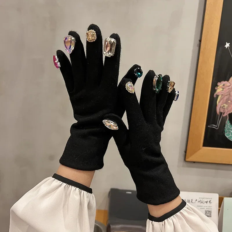 Cute Gloves for Women Autumn Winter Colorful Plastic Crystal Cashmere Black Grey Gloves Touch Screen Female Gift