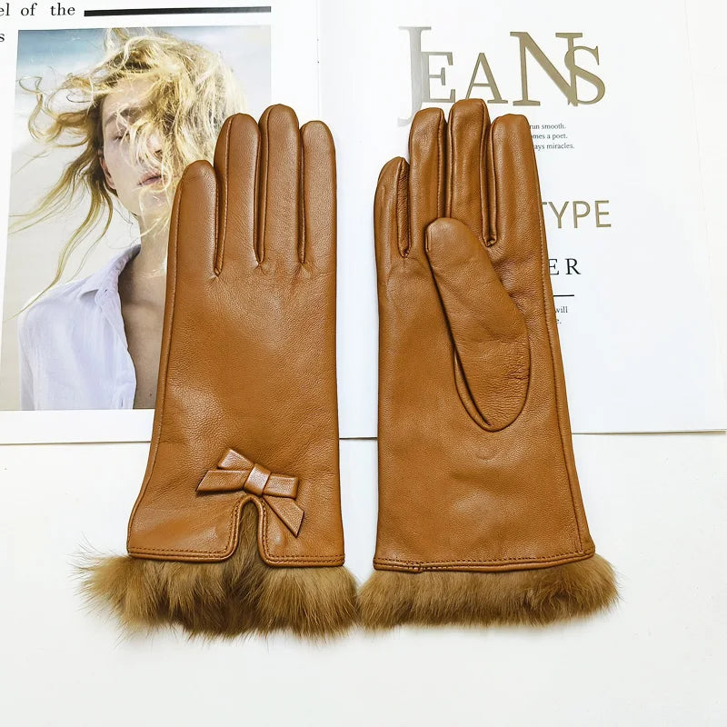 Women's sheepskin bow gloves with warm velvet lining and genuine leather driving gloves