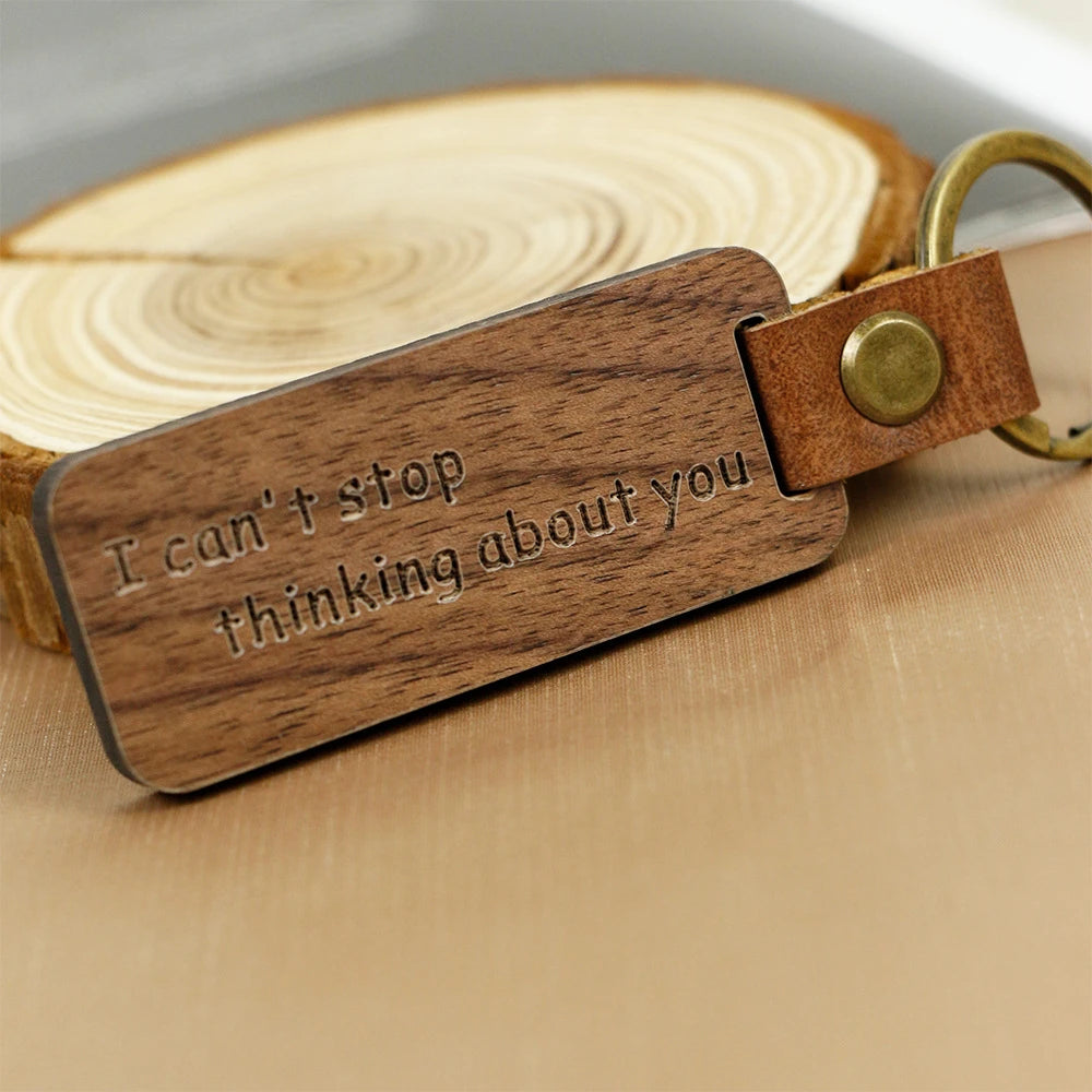 Customized PU Leather Wooden Keychain Blank DIY Wood Keyring Square Engraved Car Key Chains Retro for Friends Lovers Family Gift Valentines Gift