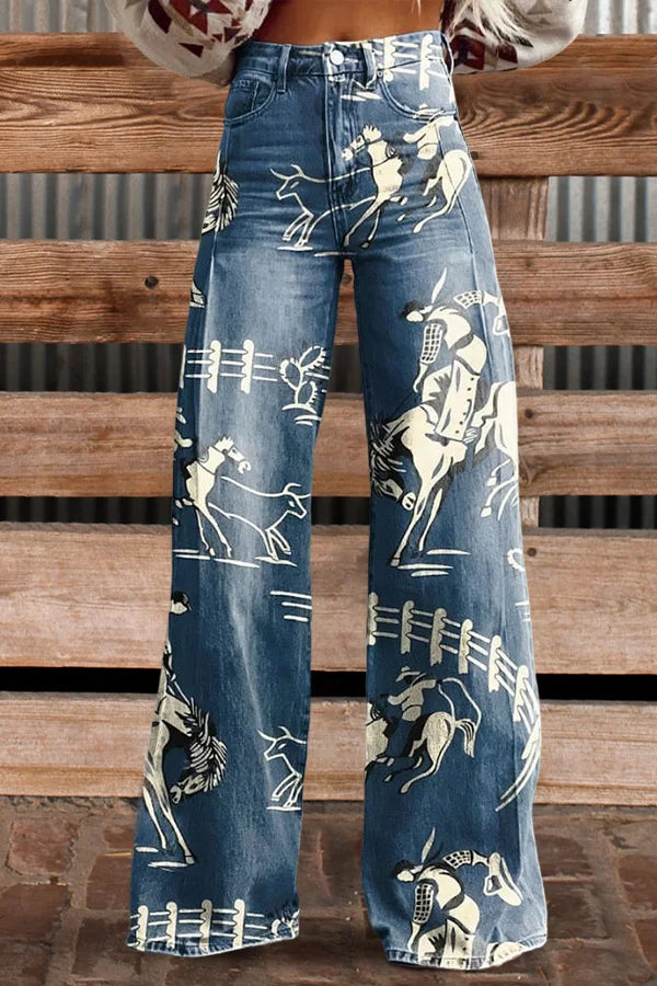 Vintage Cowboy Print Casual Wide Leg Pants