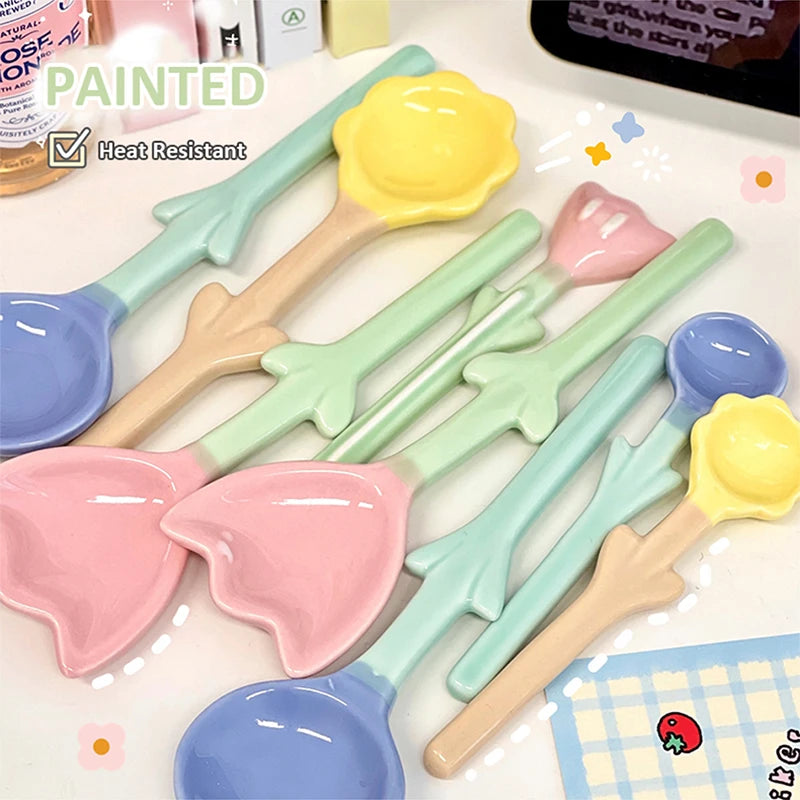 Kawaii Ceramic Flower Spoon Tulip Shaped Cute Milk Ice Cream Dessert Soup Spoon With Long Handle Kitchen Tableware Accessories