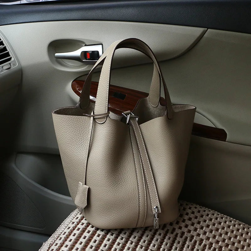 Various Genuine Leather Luxury Bag Fashion Women's Handbag Vegetable Basket Style Portable Women Bucket Bag with Lock