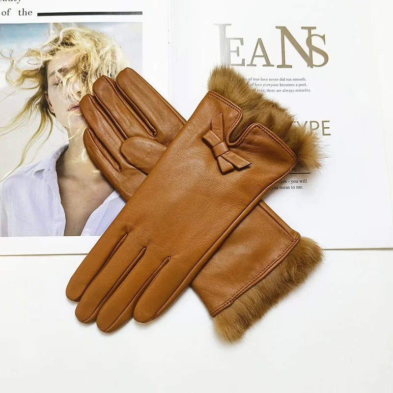 Women's sheepskin bow gloves with warm velvet lining and genuine leather driving gloves